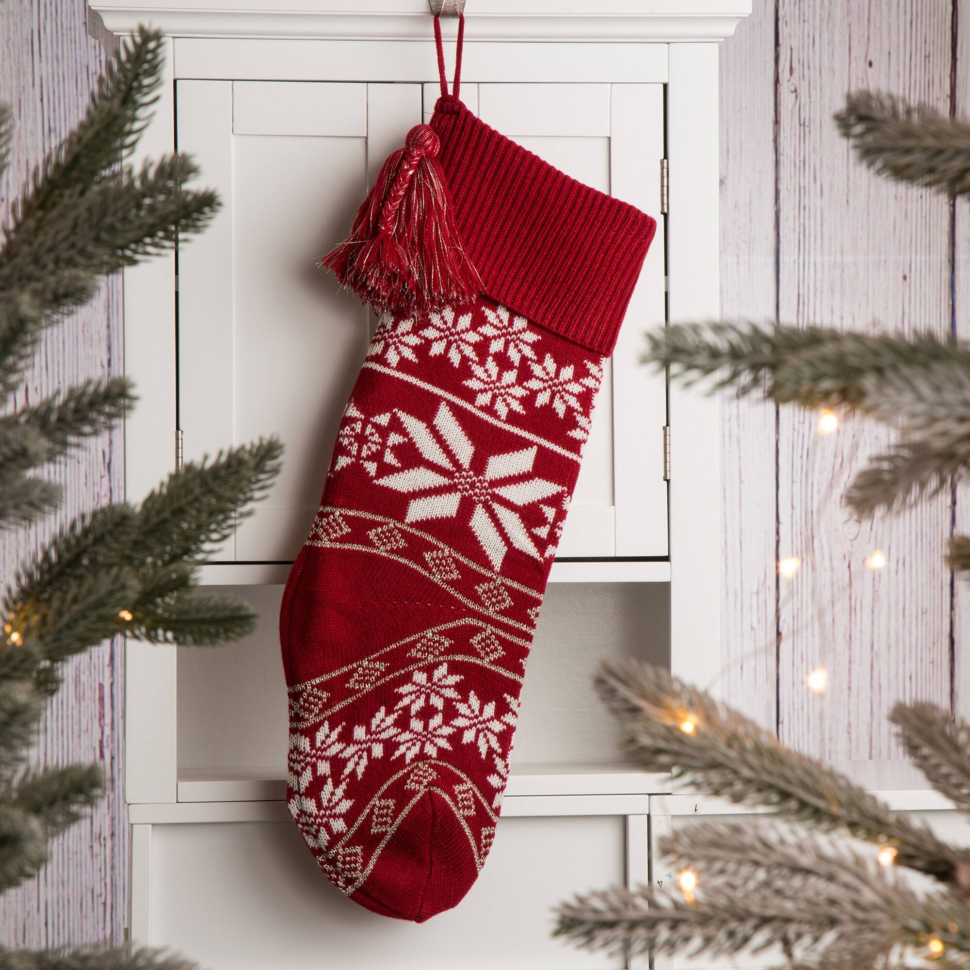Glitzhome® Knitted Snowflake Stockings, Tree Skirt & Pillow Cover Set